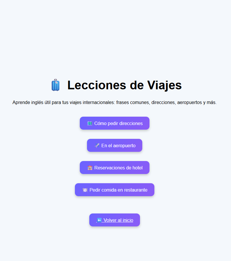 Pantalla principal de la app English Tutor con tarjetas de categorías y botón de lecciones