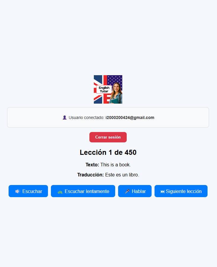 Pantalla de lección con botones escuchar, hablar y siguiente